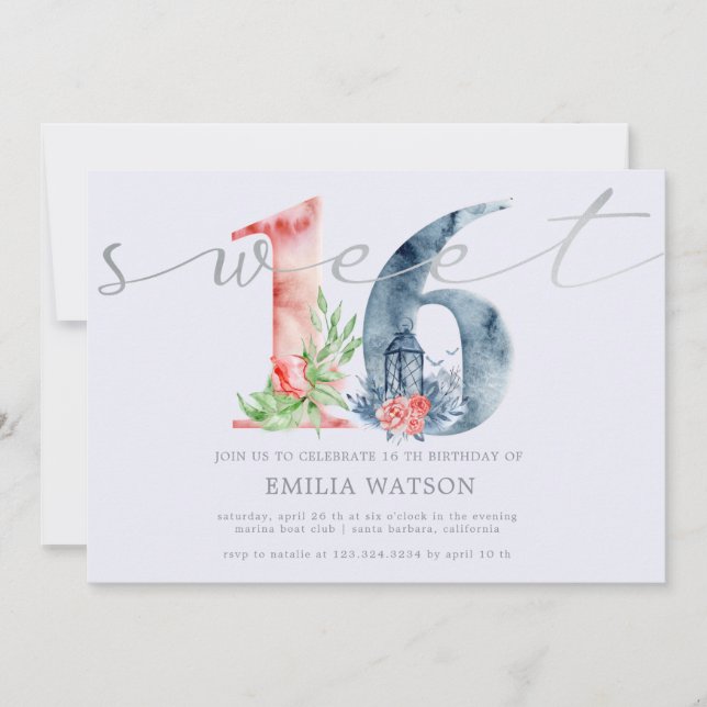 Invitation Aquarelle floral script argent sweet sixteen (Devant)