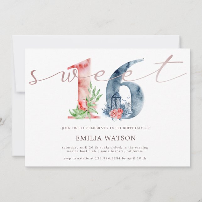 Invitation Aquarelle floral script rose or sweet sixteen (Devant)