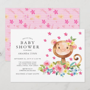 Invitation Aquarelle Floral Singe Baby Girl Douche