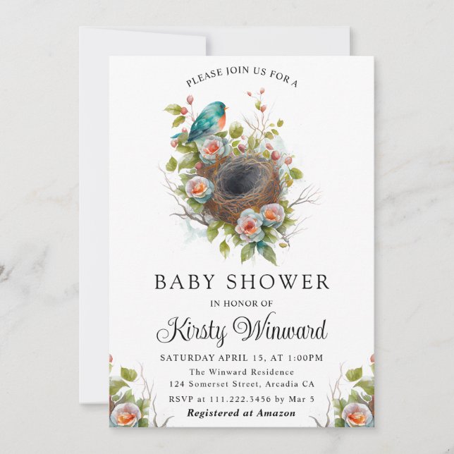 Invitation Aquarelle Floral Spring Bird Nest Baby shower (Devant)