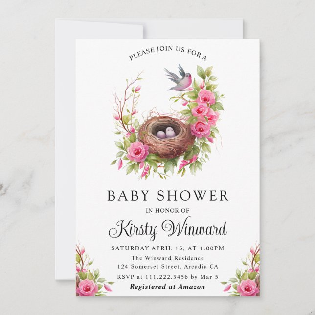Invitation Aquarelle Floral Spring Bird Nest Baby shower (Devant)