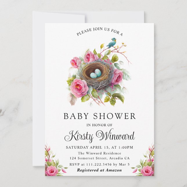 Invitation Aquarelle Floral Spring Bird Nest Baby shower (Devant)
