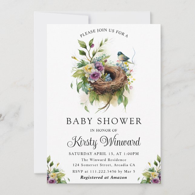 Invitation Aquarelle Floral Spring Bird Nest Baby shower (Devant)