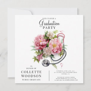 Invitation Aquarelle Floral Stethoscope Infirmière Diplôme