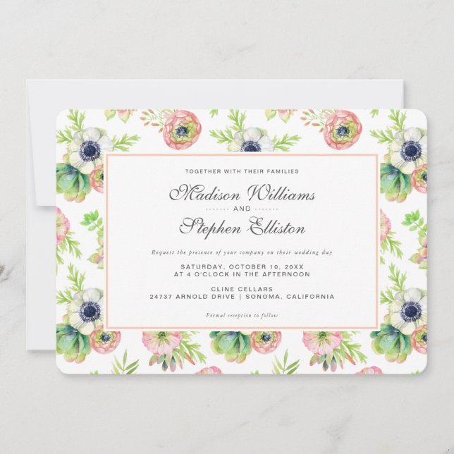 Invitation Aquarelle Floral & Succulents - Mariage (Devant)