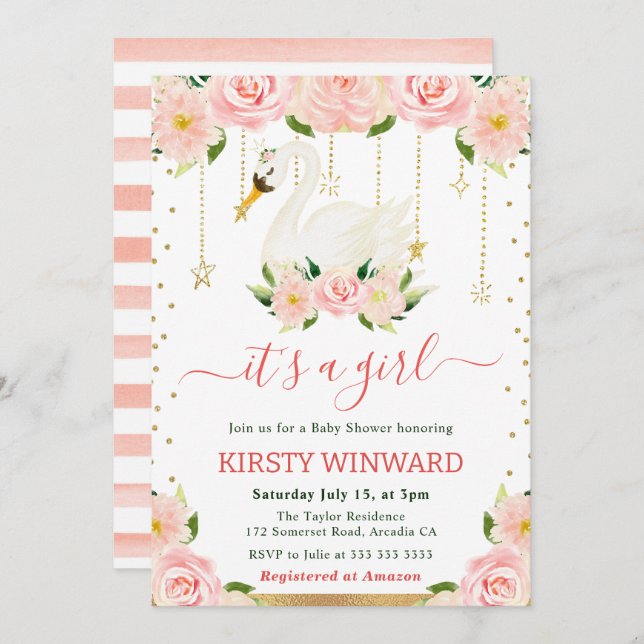 Invitation Aquarelle Floral Swan Girl Baby shower (Devant / Derrière)