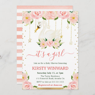Invitation Aquarelle Floral Swan Girl Baby shower