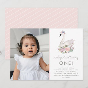 Invitation Aquarelle Floral Swan Princesse Photo Anniversaire