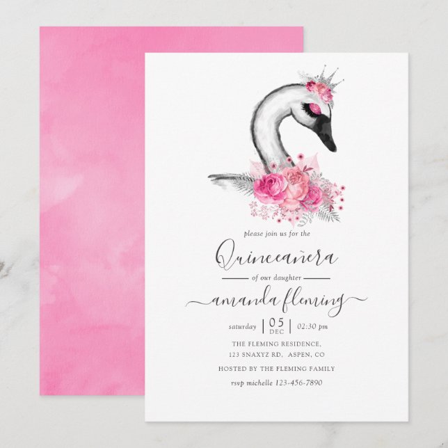 Invitation Aquarelle Floral Swan Quinceañera (Devant / Derrière)