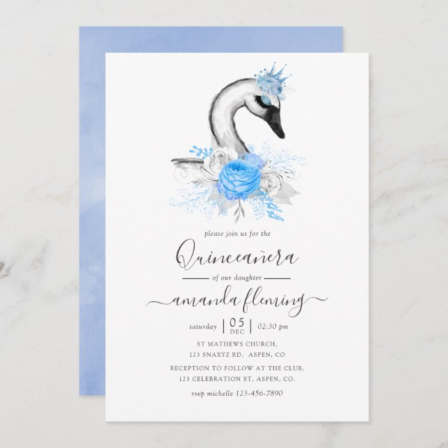 Invitation Aquarelle Floral Swan Quinceañera (Devant / Derrière)