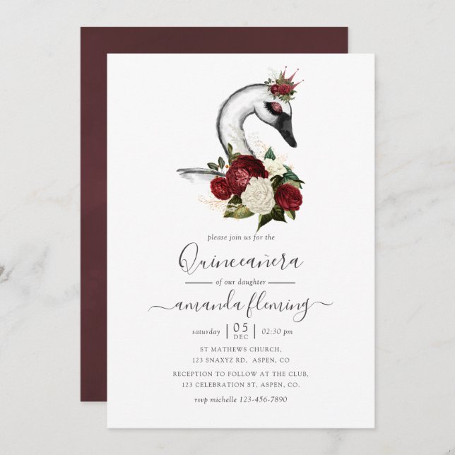 Invitation Aquarelle Floral Swan Quinceañera (Devant / Derrière)