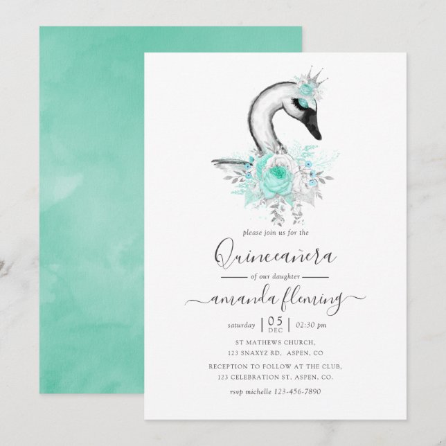 Invitation Aquarelle Floral Swan Quinceañera (Devant / Derrière)