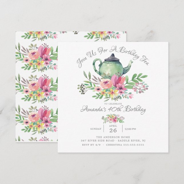 Invitation Aquarelle Floral Teapot Anniversaire Fête Invitati (Devant / Derrière)