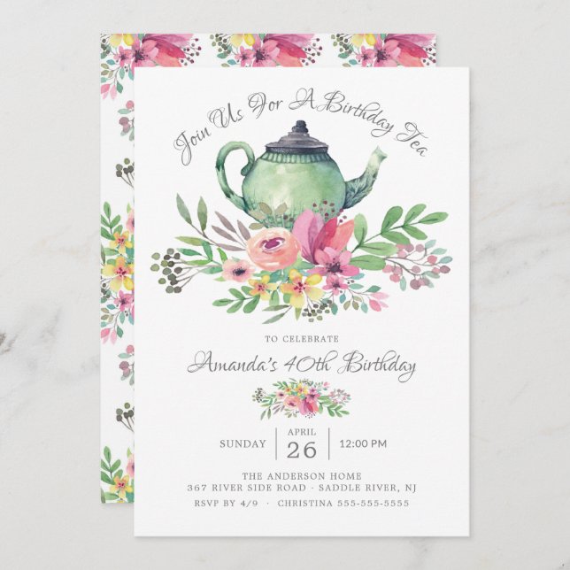 Invitation Aquarelle Floral Teapot Anniversaire Fête Invitati (Devant / Derrière)