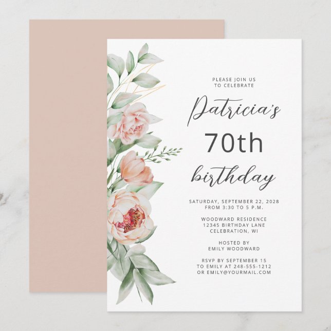 Invitation Aquarelle Floral Teint de Pêche 70e Anniversaire (Devant / Derrière)