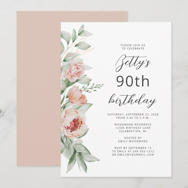 Invitation Aquarelle Floral Teint de Pêche 90e Anniversaire (Devant / Derrière)