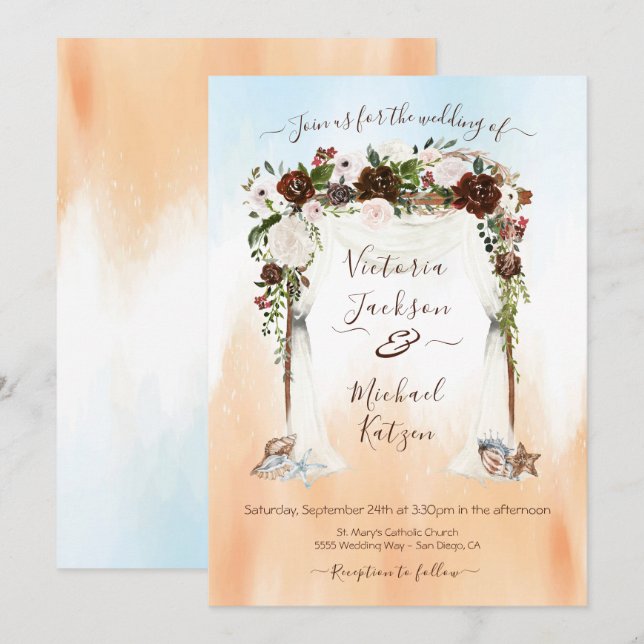 Invitation Aquarelle Floral Tropical Beach Mariage (Devant / Derrière)