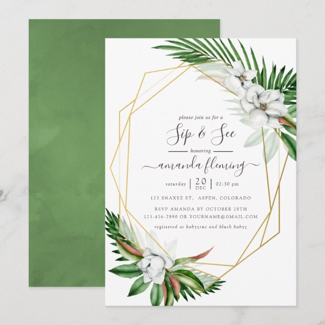 Invitation Aquarelle Floral Tropical Sip and See (Devant / Derrière)