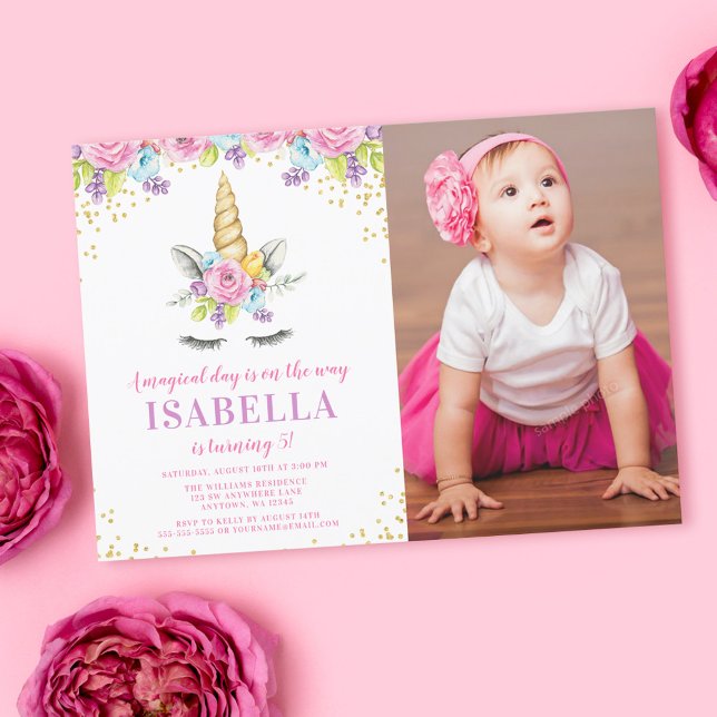 Invitation Aquarelle Floral Unicorn Anniversaire Photo Invita (Créateur téléchargé)