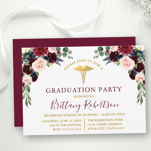 Invitation Aquarelle Floral verdure Médicale Grad Party (Customize to change text size, color, style or to change color of back of card.)