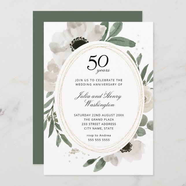Invitation Aquarelle Floral Vert 50e anniversaire Mariage (Devant / Derrière)
