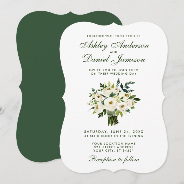 Invitation Aquarelle Floral Vert Blanc Mariage Bouquet B (Devant / Derrière)