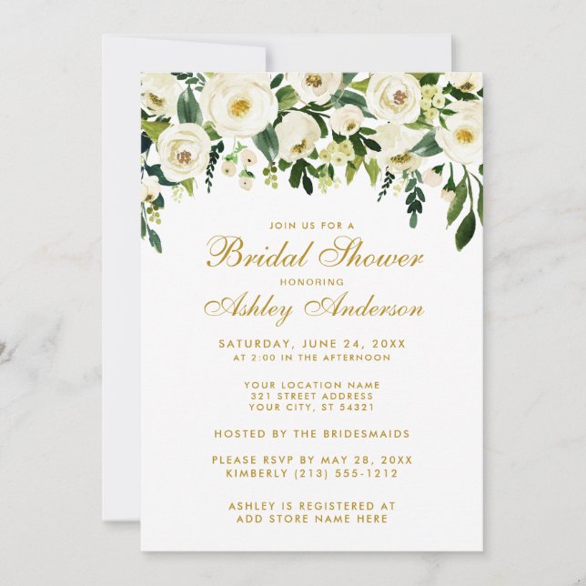 Invitation Aquarelle Floral Vert Blanc Or Fête des mariées W (Devant)