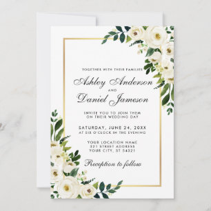 Invitation Aquarelle Floral Vert Blanc Or Mariage