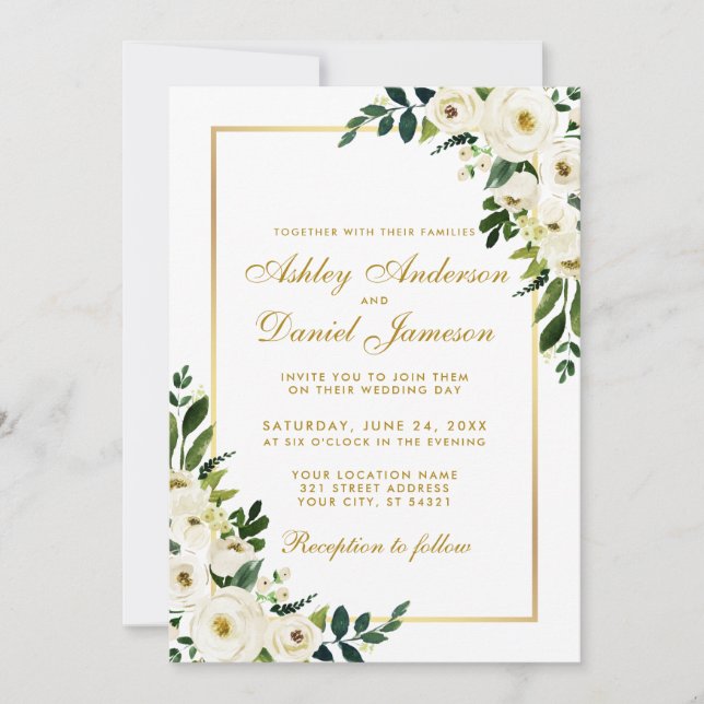 Invitation Aquarelle Floral Vert Blanc Or Mariage G (Devant)