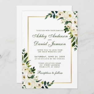 Invitation Aquarelle Floral Vert Blanc Or Mariage photo