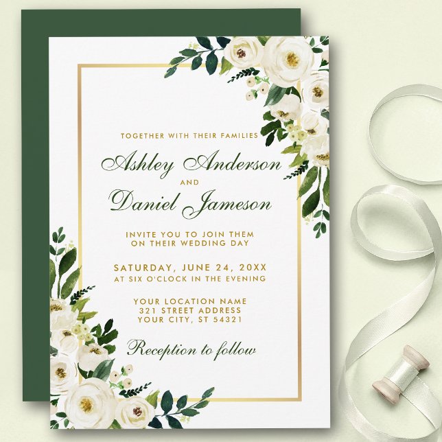Invitation Aquarelle Floral Vert et Mariage or (Customize to change text color, style, add text & photos to back or change color of back of card.)
