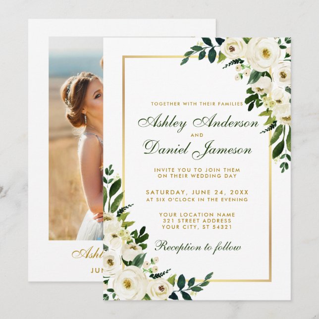 Invitation Aquarelle Floral Vert et or Mariage photo (Devant / Derrière)