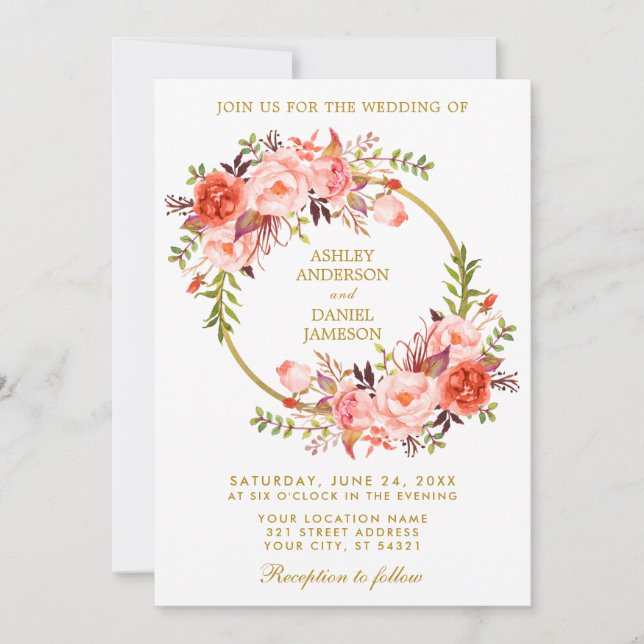Invitation Aquarelle Floral Wreath Coral Gold Mariage (Devant)