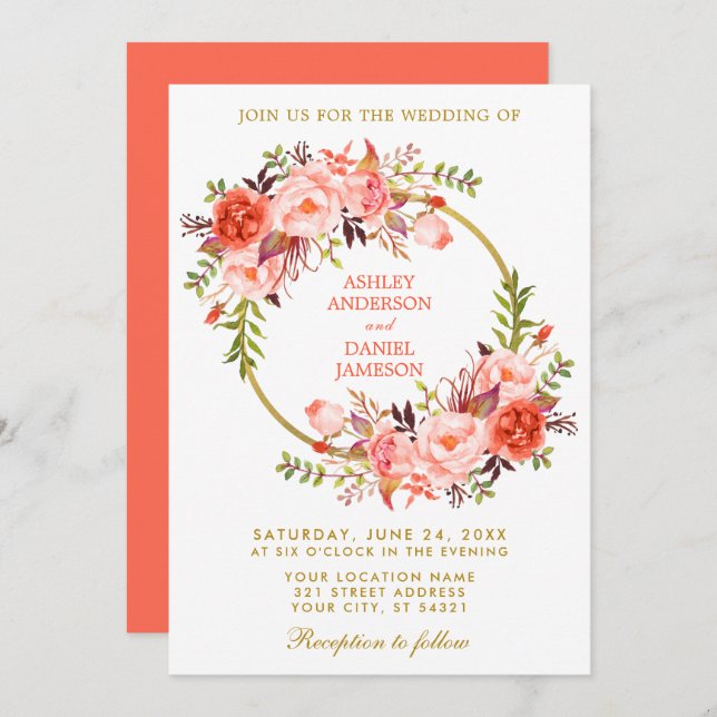Invitation Aquarelle Floral Wreath Coral Mariage Or (Devant / Derrière)