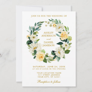 Invitation Aquarelle Floral Wreath Jaune Or Blanc Mariage