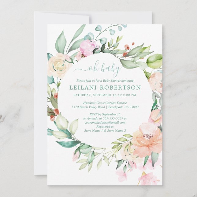 Invitation Aquarelle Floral Wreath Oh Baby Pastel Douche (Devant)