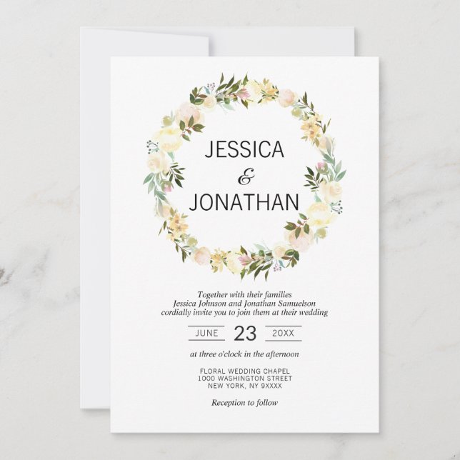 Invitation Aquarelle Floral Wreath rose Beige Blanc Mariage (Devant)
