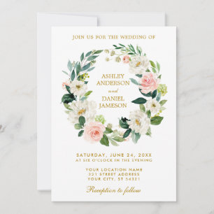 Invitation Aquarelle Floral Wreath Rose Blanc Or Mariage