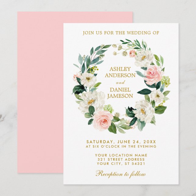 Invitation Aquarelle Floral Wreath rose Blanc Or Mariage P (Devant / Derrière)