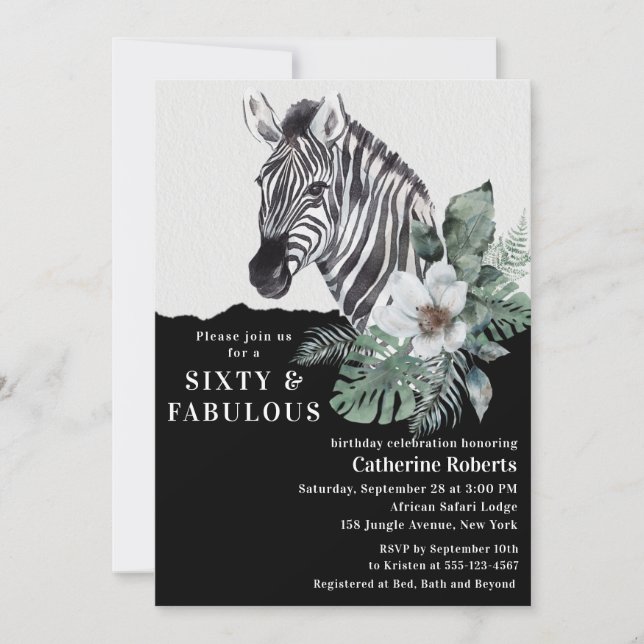 Invitation Aquarelle Floral Zebra 60e anniversaire (Devant)