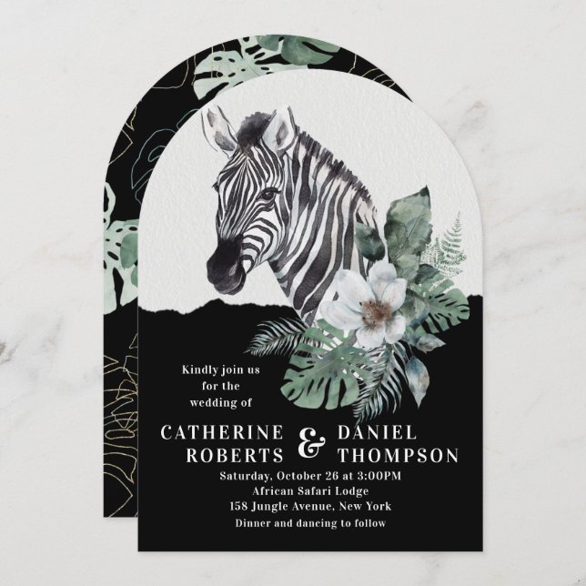 Invitation Aquarelle Floral Zebra Safari Mariage (Devant / Derrière)