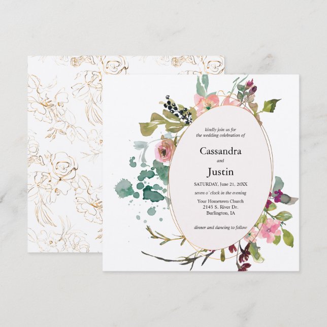 Invitation Aquarelle florale (Devant / Derrière)