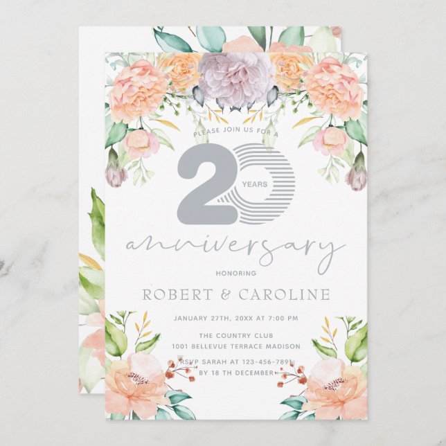 Invitation Aquarelle florale 20e anniversaire de Mariage (Devant / Derrière)
