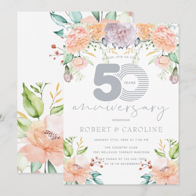Invitation Aquarelle florale 50e anniversaire de Mariage (Devant / Derrière)