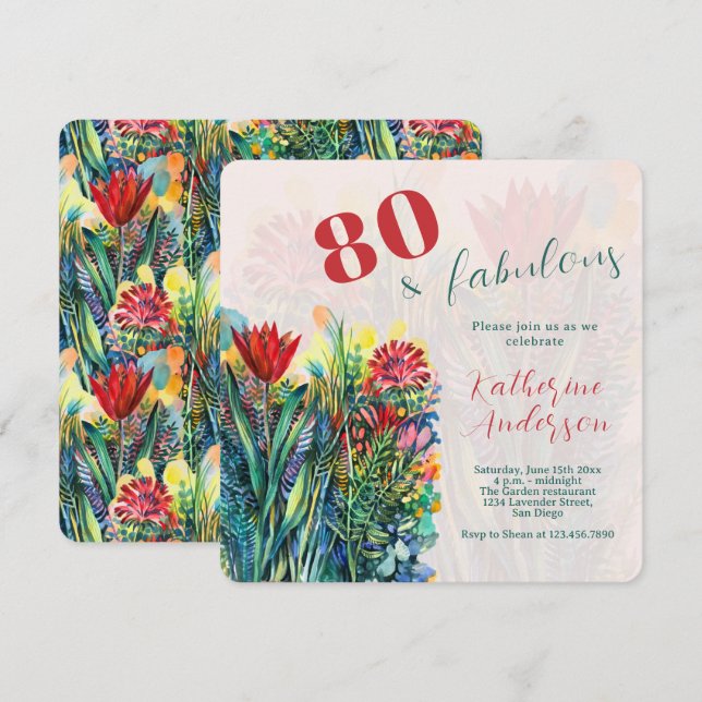 Invitation Aquarelle Florale – 80 ans et Fabulux Anniversaire (Devant / Derrière)