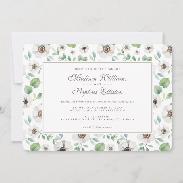 Invitation Aquarelle florale | Anémonique blanc - Mariage (Devant)