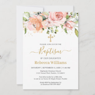 Invitation Aquarelle Florale Apricot rose Roses Baptême bébé