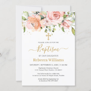 Invitation Aquarelle Florale Apricot rose Roses Baptême bébé
