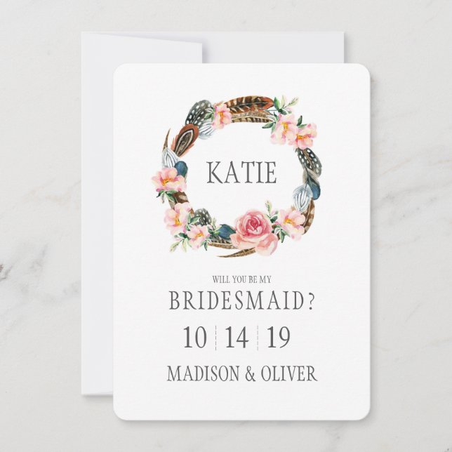 Invitation Aquarelle florale avec plumes | Bridesmaid (Devant)