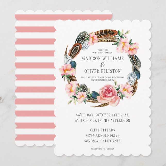 Invitation Aquarelle Florale avec plumes | Mariage (Devant / Derrière)